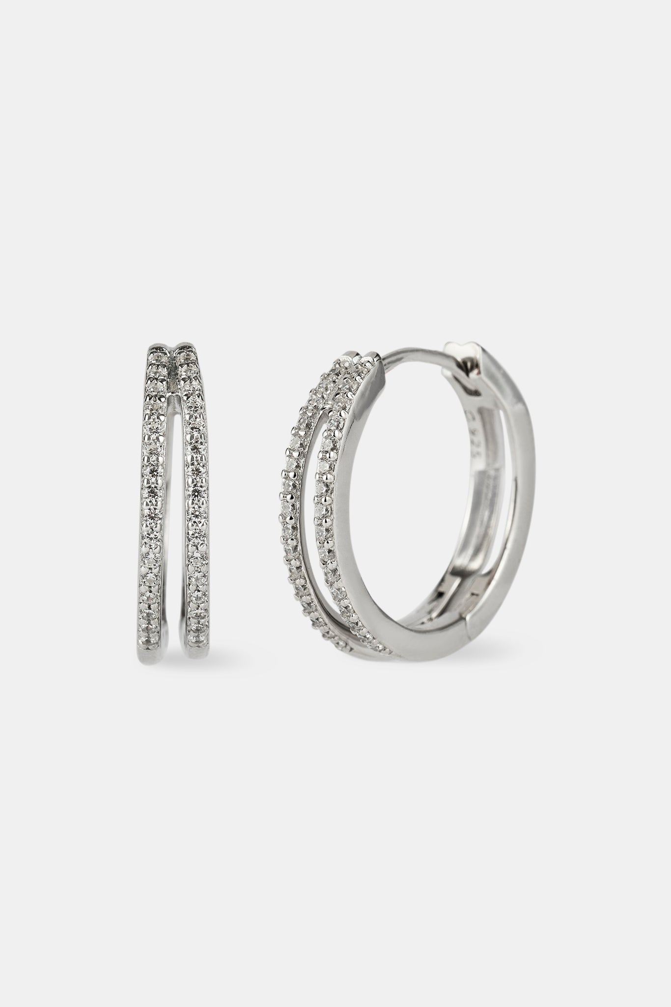 Iced Double Row Hoop Earrings - 20mm - White Gold
